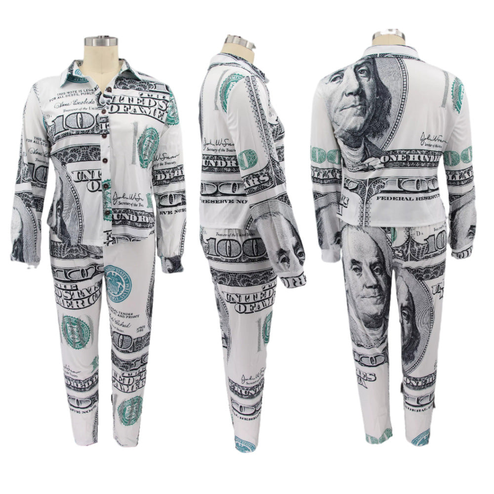 BamBam Plus Size Women Vintage Printed Long Sleeve Shirt + Pants Two-Piece Set - BamBam Clothing