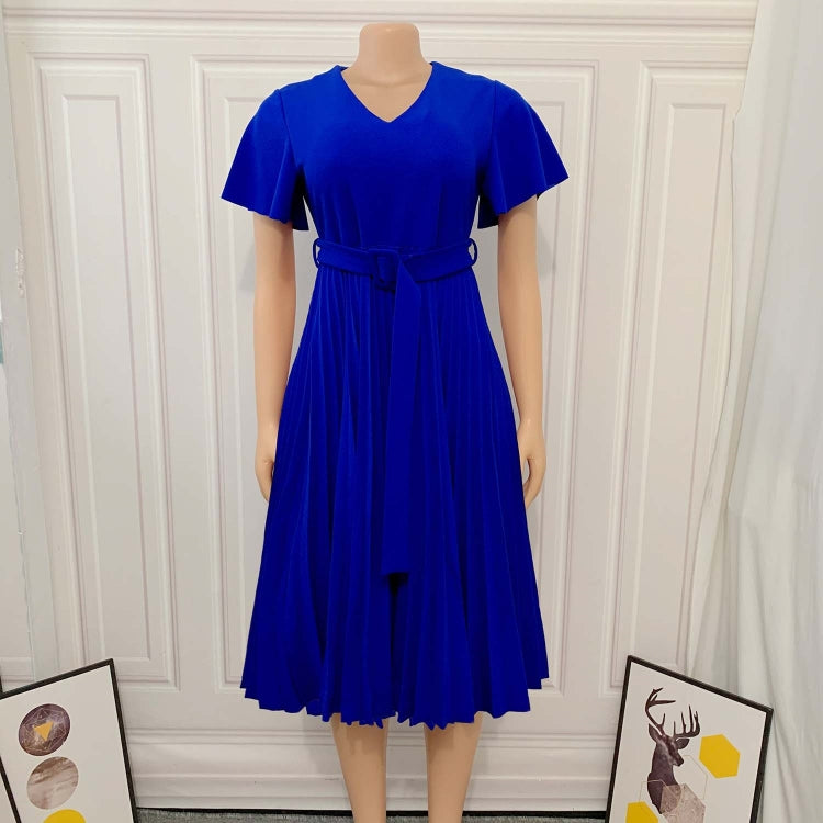 BamBam Autumn Formal Royal V-Neck Pleated Office Dress with Belt - BamBam