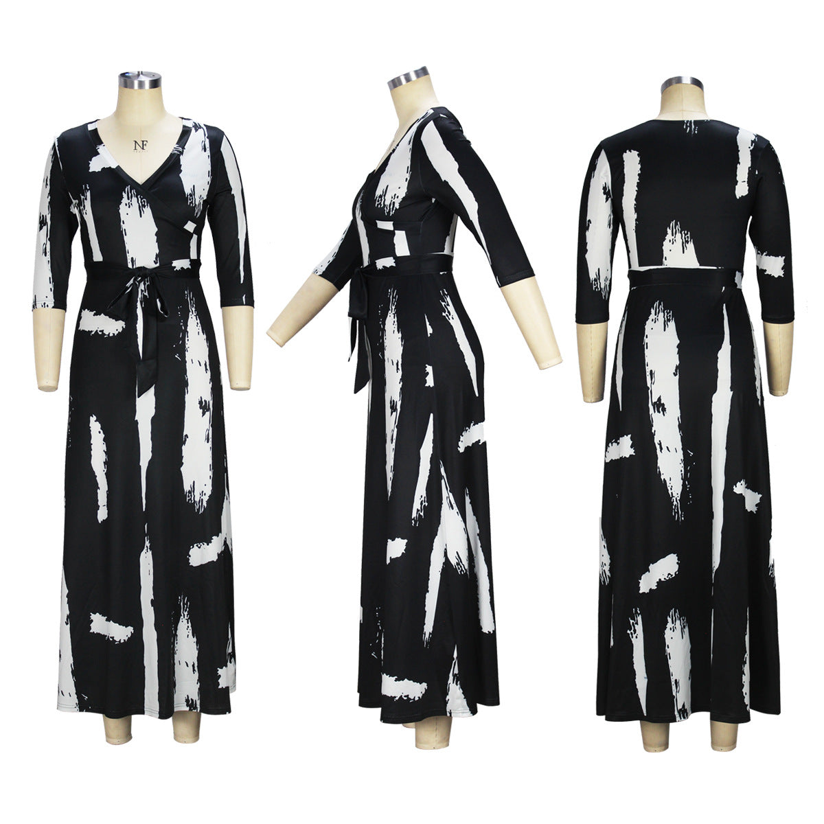 BamBam Spring And Autumn Fashion Women's Wrap V-Neck Elegant Half-Sleeve Printed Long Dress - BamBam