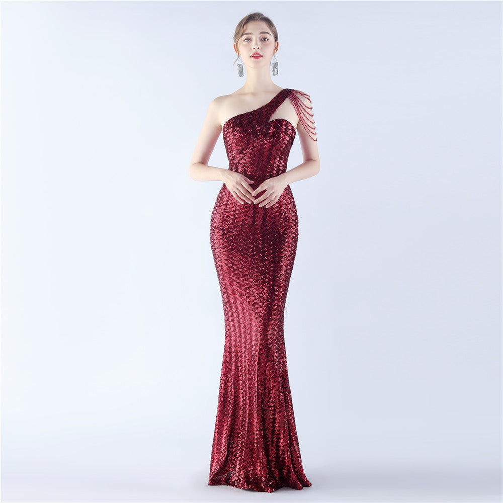 BamBam Women Beaded One Shoulder Slash Shoulder Evening Dress - BamBam Clothing