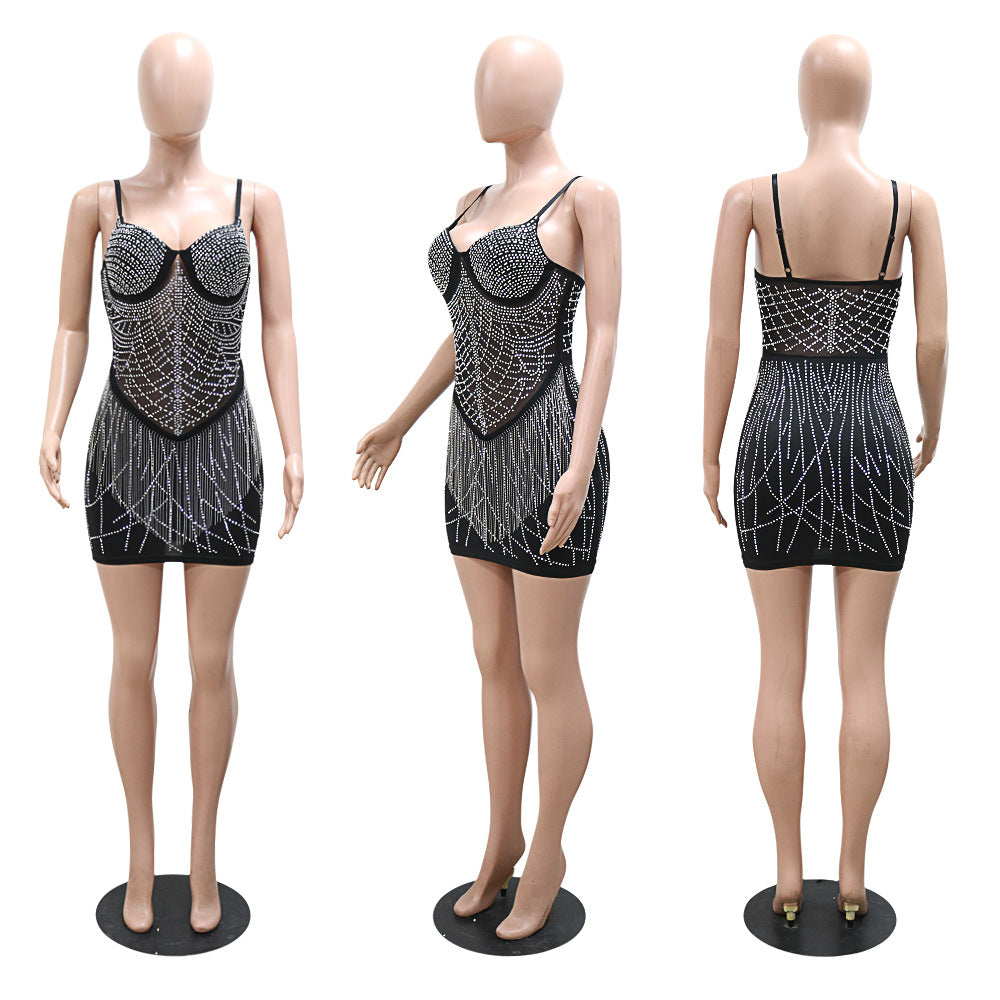 BamBam Fashionable Straps Beaded Tassel Bodycon A-Line Dress For Women - BamBam Clothing Clothing