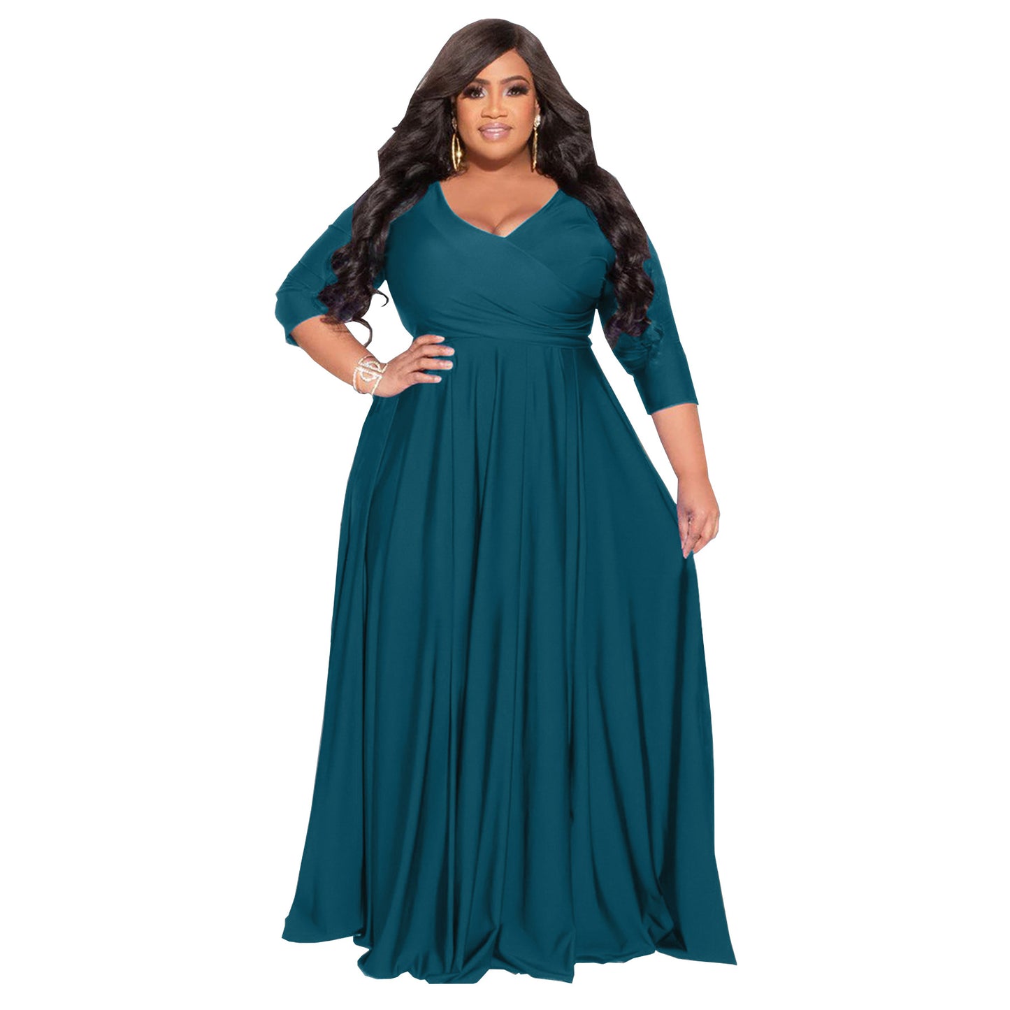 BamBam Plus Size Women's Solid Color V-Neck Sexy Long Dress - BamBam