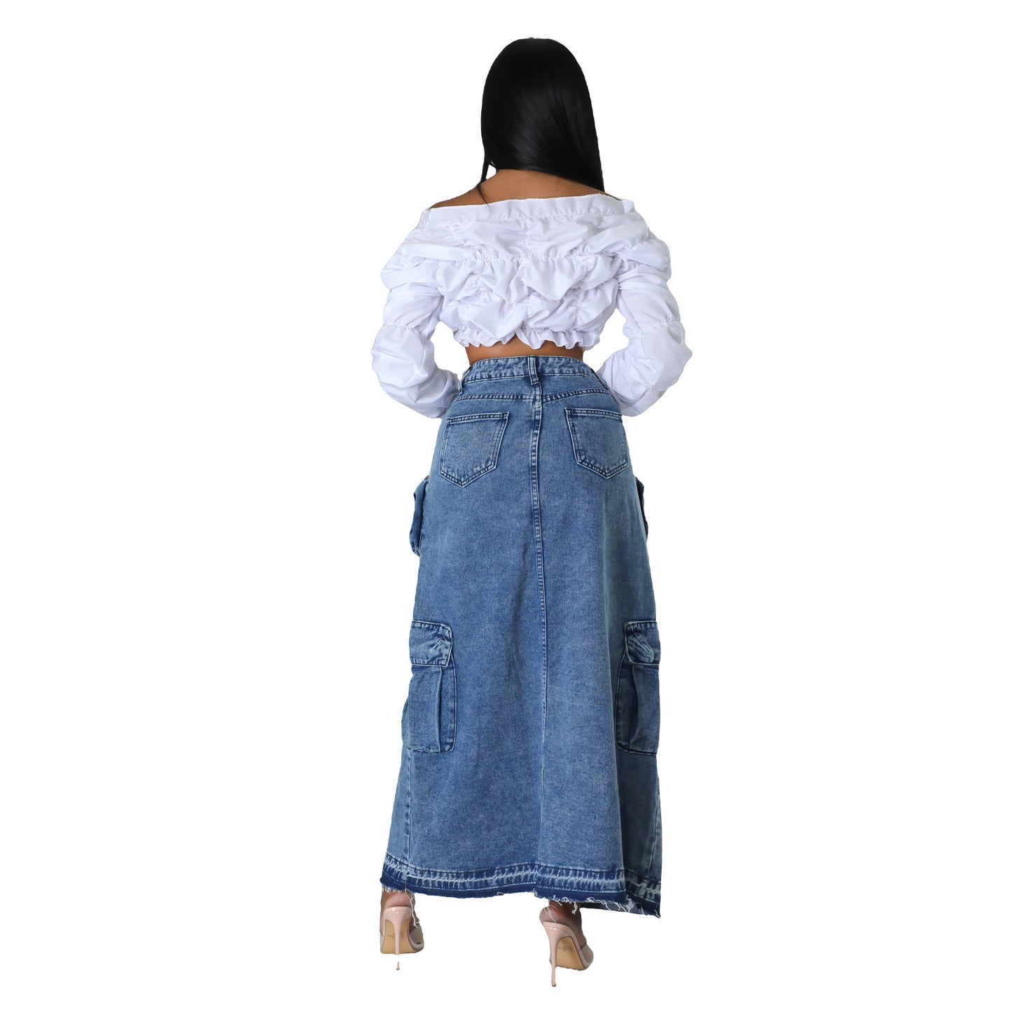 BamBam Women High Waist Slit Cargo Denim Skirt - BamBam