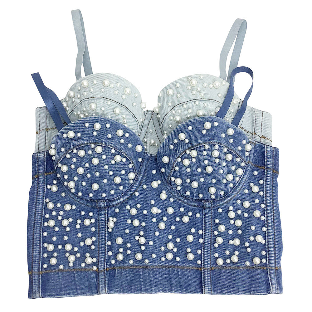 BamBam Women Camisole Pearl Fitted Sexy Denim Bra Vest Shaping Corset Top - BamBam