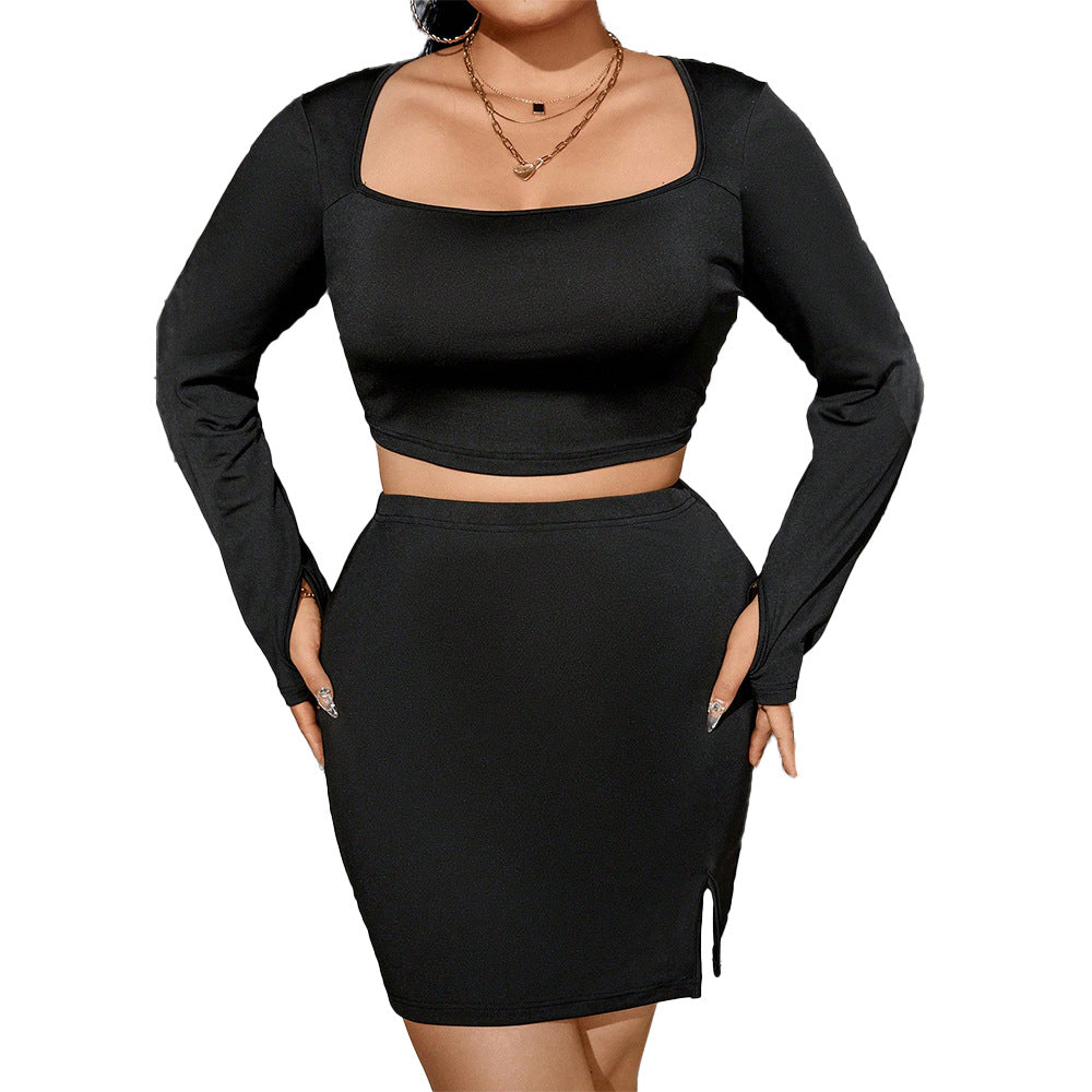 BamBam Autumn And Winter Solid Color Sexy Square Neck Hollow Slim High Waist Slit Skirt Set - BamBam