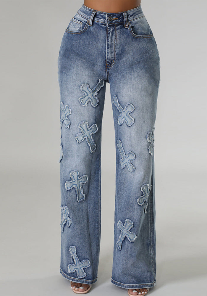 Women's Autumn Cross Patchwork Washed Pocket Street Trendy Denim Pants