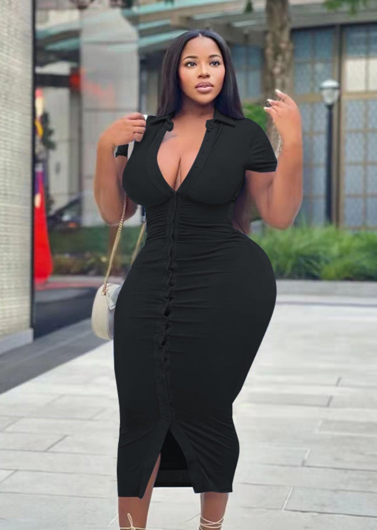 BamBam Women Summer Black Casual Turn-down Collar Short Sleeves Solid Button Midi Sheath Plus Size Long Dress - BamBam