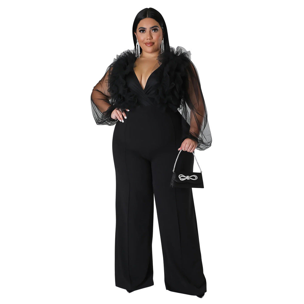 BamBam Sexy Deep V Solid Color Plus Size See-Through Long Sleeve Women Jumpsuit - BamBam Clothing