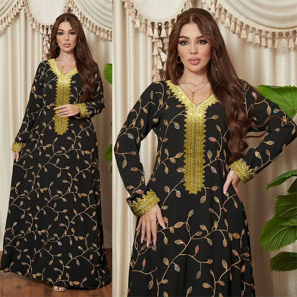 BamBam Saudi Clothing Arabian Fashion Sequin Embroidery Gold Lace Embroidered Robe - BamBam