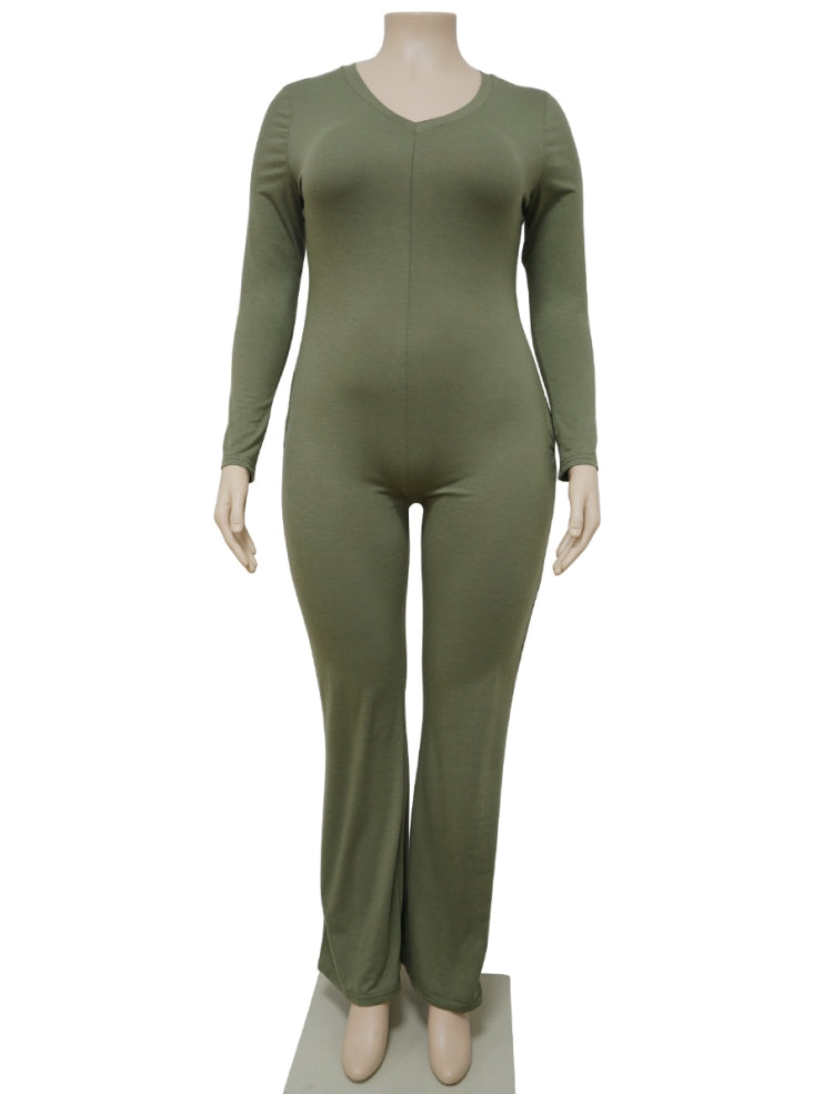 BamBam Spring Plus Size Casual Green V Neck Pockets Long Sleeve Jumpsuit - BamBam Clothing