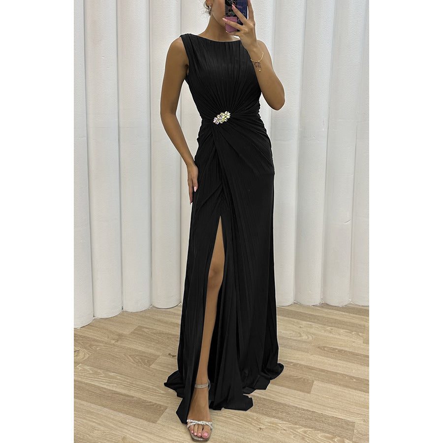 BamBam Pleated Slit Sleeveless Fashion Evening Dress For Women - BamBam