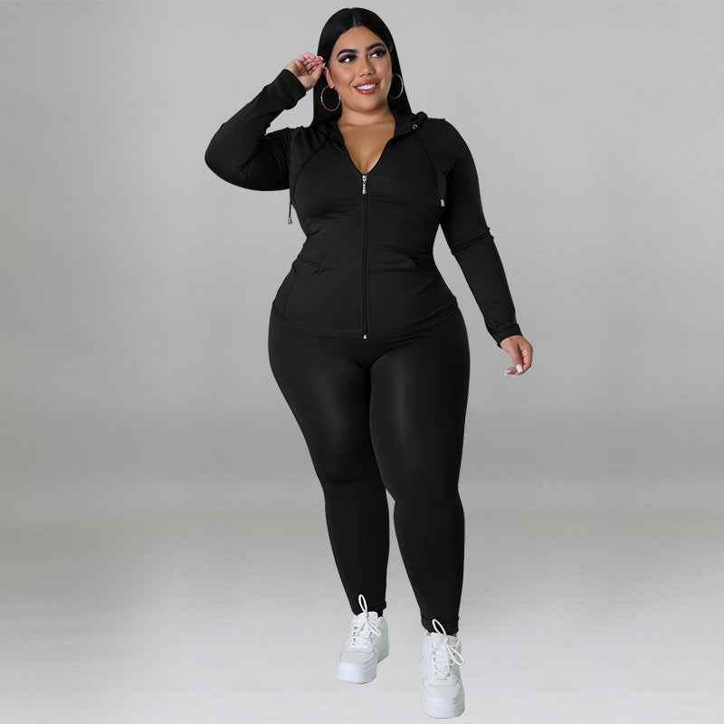 BamBam Plus Size Women's Solid Fall Hood Long Sleeve Pants Fashion Casual Set - BamBam Clothing