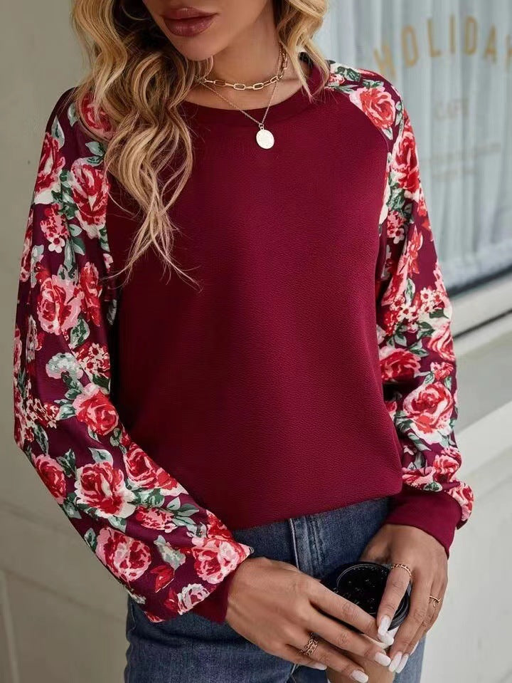 BamBam Autumn Printed Patchwork Fashionable And Versatile Casual Round Neck Long Sleeve T-Shirt Women's Clothing - BamBam