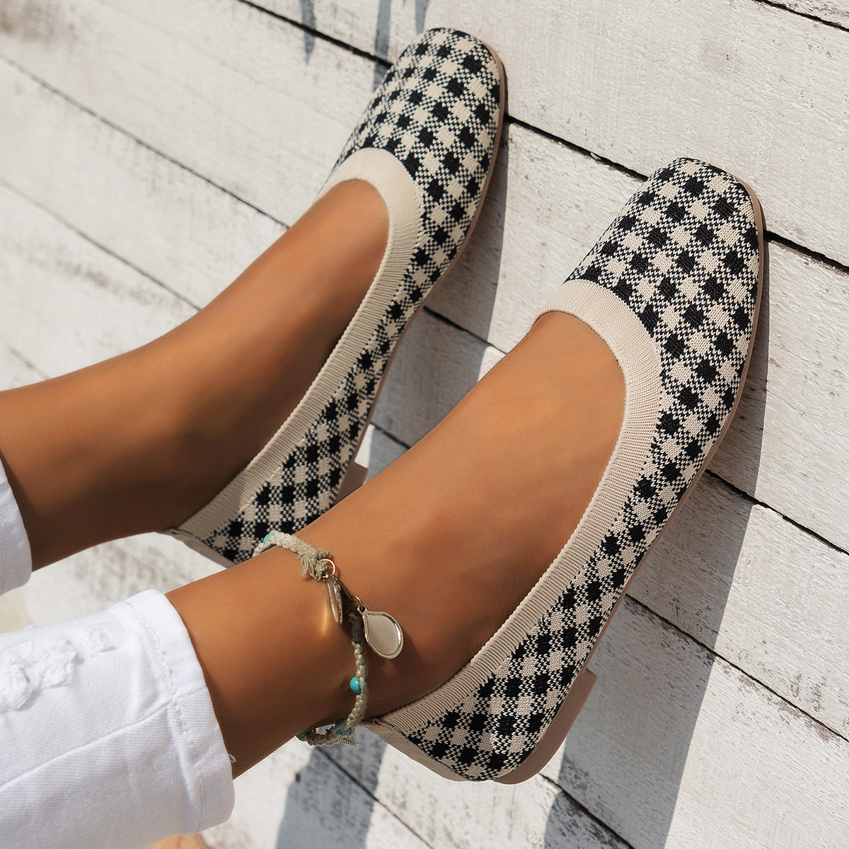 BamBam Plus Size Houndstooth Women's Casual Shoes Spring And Autumn Slip-On Retro Women's Sock Shoes - BamBam