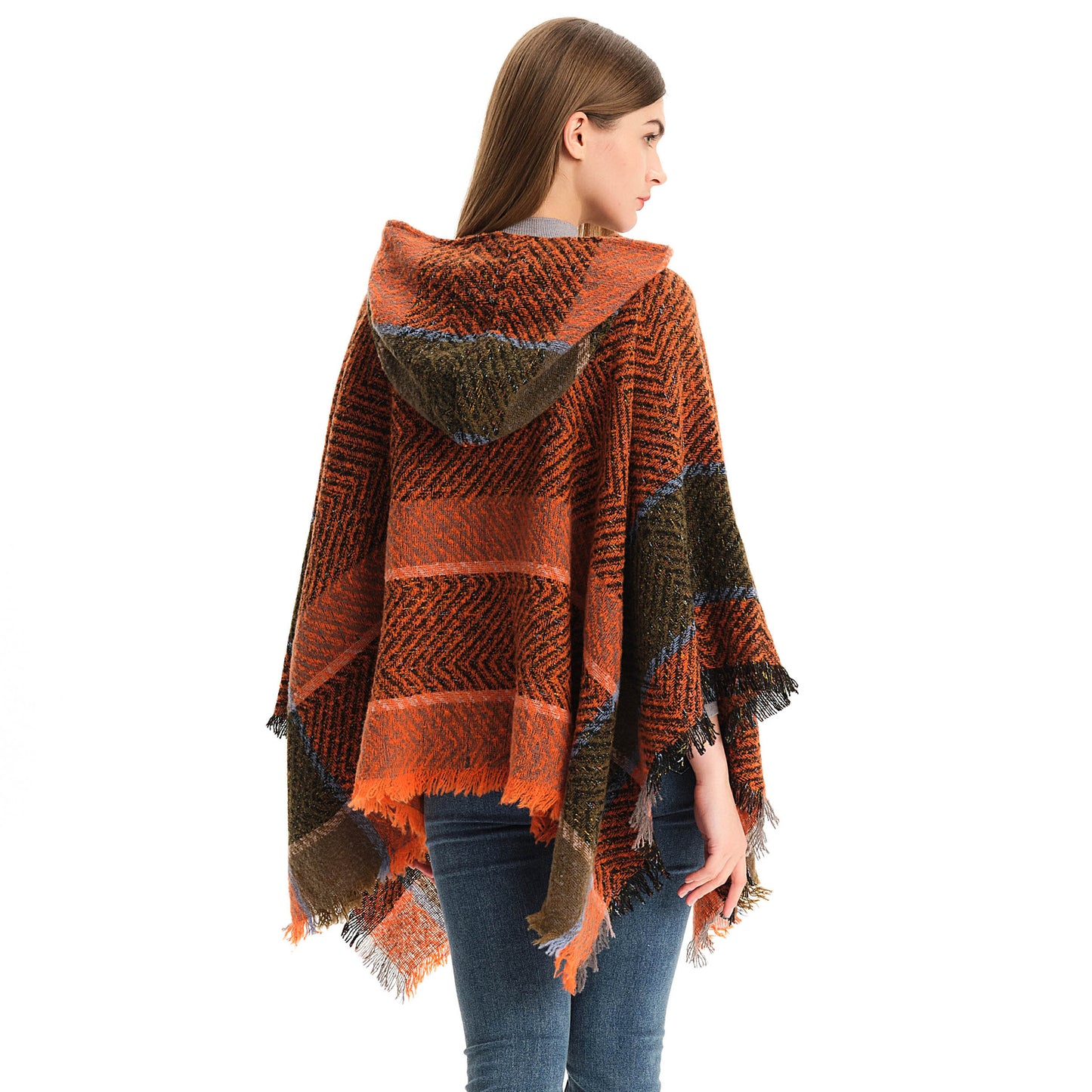 BamBam Women herringbone pattern hooded shawl cloak - BamBam