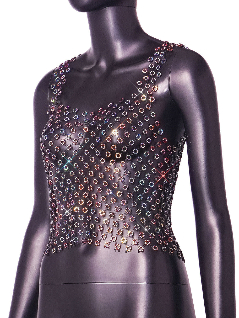 BamBam Women Sexy Hollow Plum Mesh Rhinestone Vest - BamBam