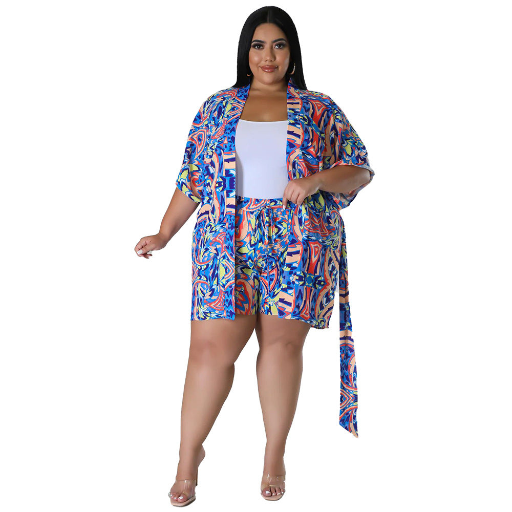BamBam Summer Plus Size Loose Print Blouse Lace-Up Shorts Multi-Color Two-Piece Set - BamBam