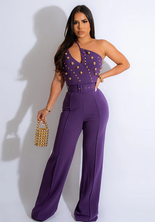 Women's Style Fashionable Solid Color Jumpsuit Slim One Shoulder One Piece Wide Leg Pants