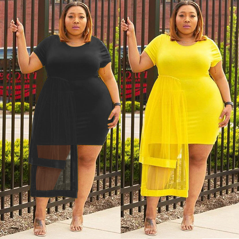 Round Neck Mesh Patchwork Plus Size Women's Short Sleeve Irregular See-Through Dress