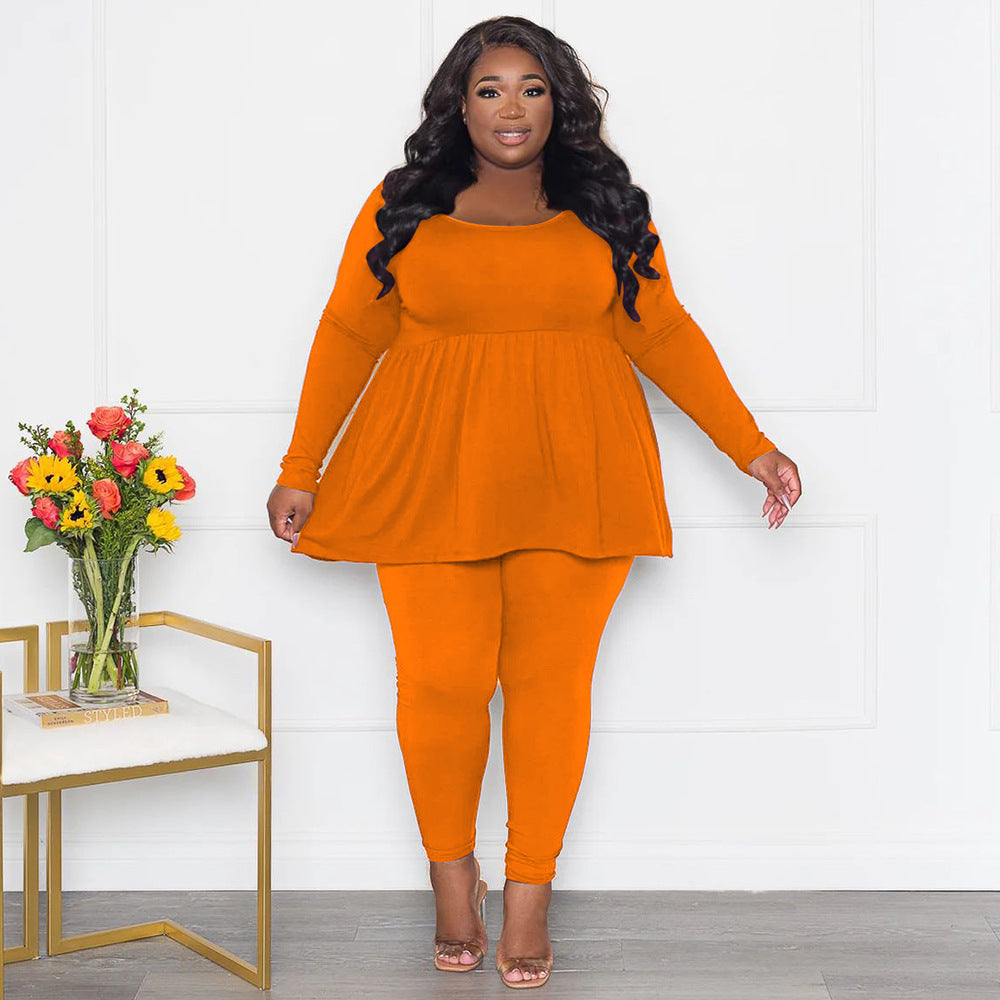 BamBam Women's Plus Size Solid Color Long Sleeve Two Piece Pants Set For Women - BamBam