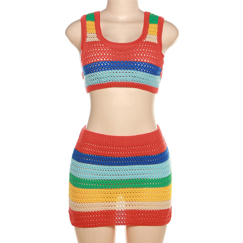 BamBam Summer Women's Sexy Hollow Knitting High Waist Contrasting Color Slim Sleeveless Bodycon Dress - BamBam