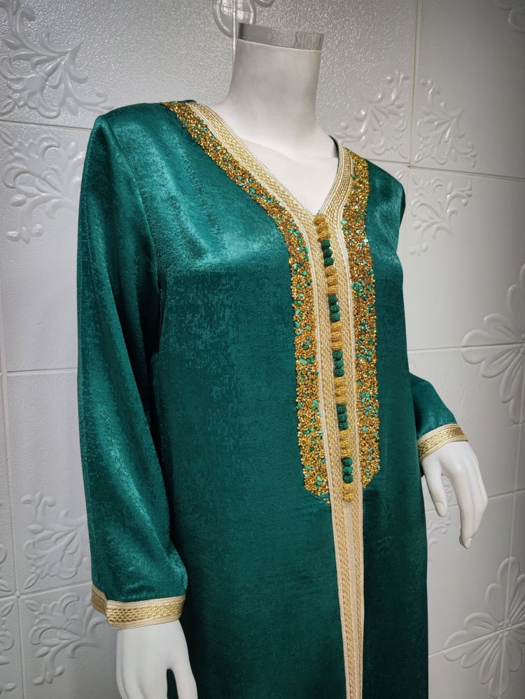 BamBam Arab Dubai Arab Middle East Turkey Morocco Islamic Clothing Kaftan Abaya Embroided Muslim Dress Green - BamBam