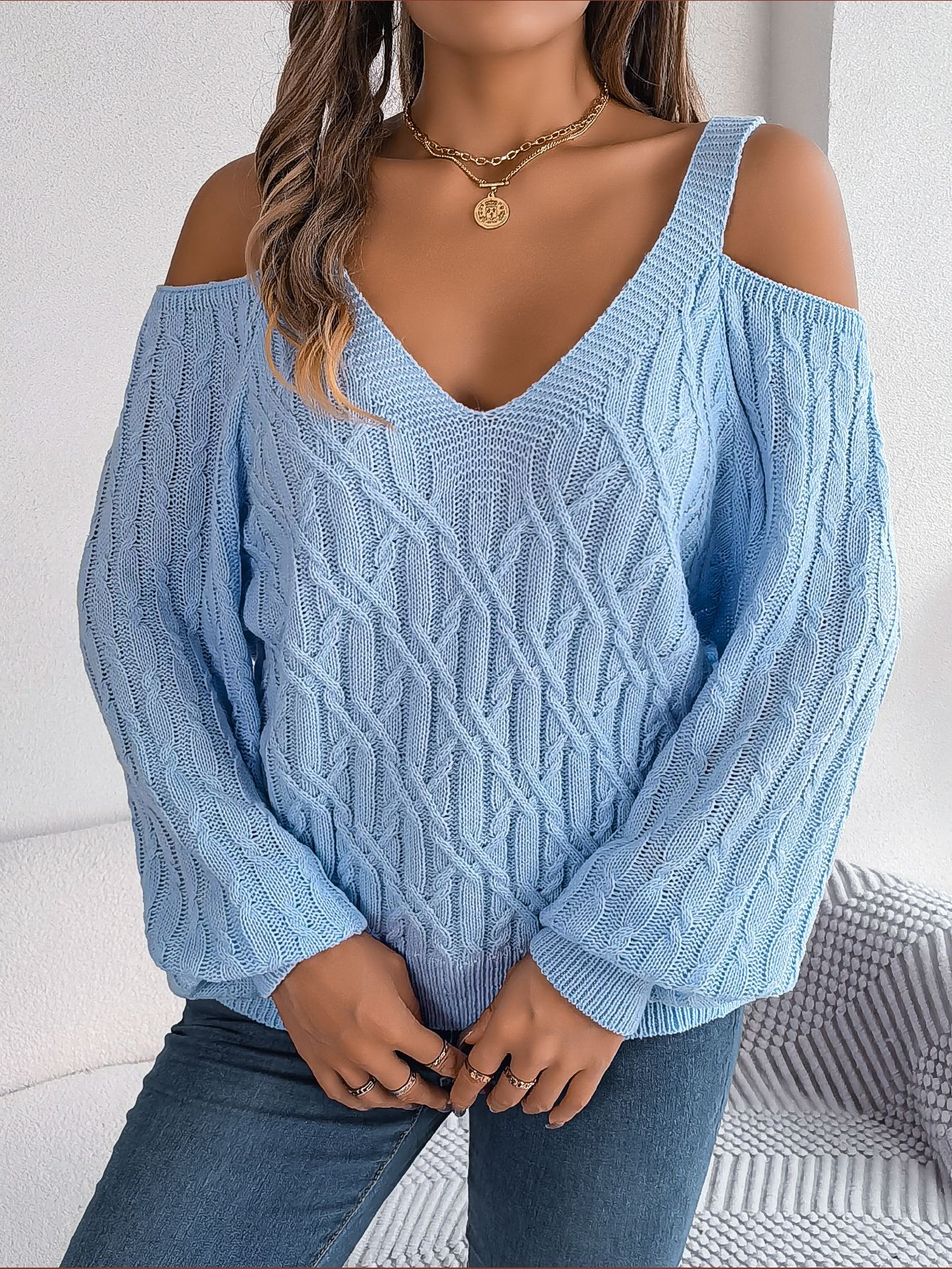 BamBam Fall and Winter Women Casual Solid Off-Shoulder Balloon Sleeve Sweater - BamBam