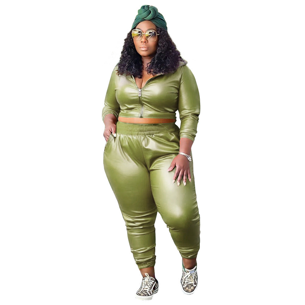 BamBam Plus Size Women's Fashion Casual Solid Color Pu Leather Two-Piece Pants Set For Women - BamBam