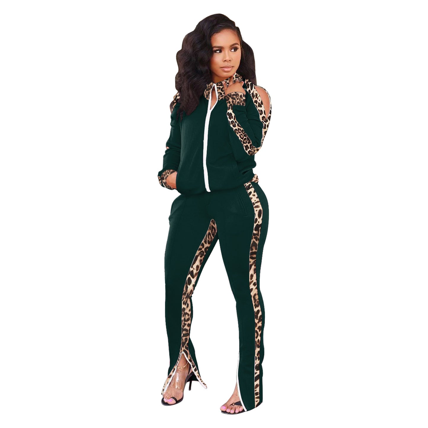 BamBam Women off-shoulder sports leopard print Patchwork contrast top and pant two-piece set - BamBam