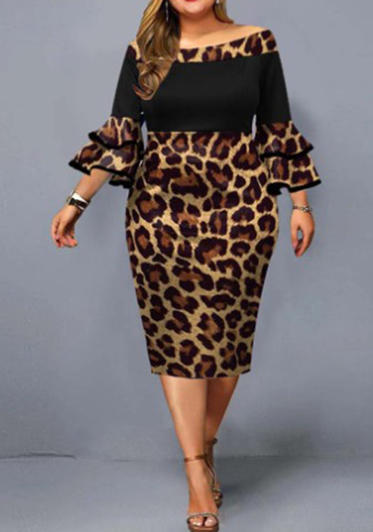 Plus Size Sexy Off Shoulder Fashion Printed Three Quarter Sleeve Dress