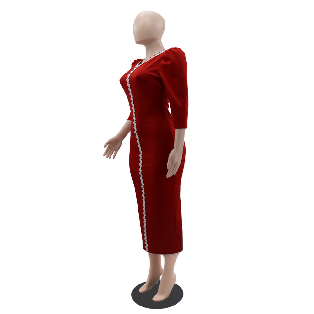 BamBam Solid Color V-Neck Women's High Waist Bodycon Pencil Dress - BamBam Clothing