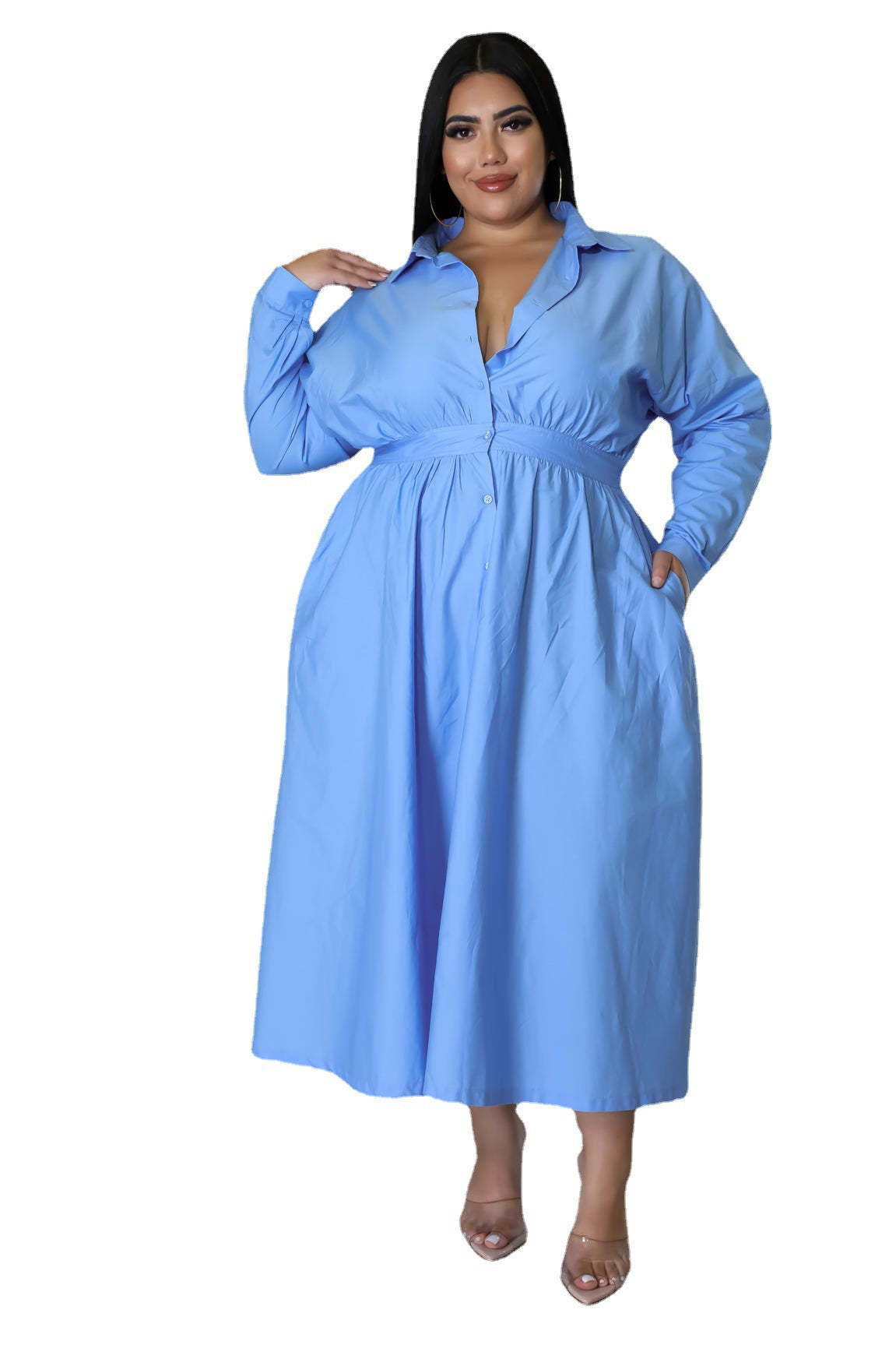 BamBam Plus Size Women's Solid Long Sleeve Shirt Dress - BamBam