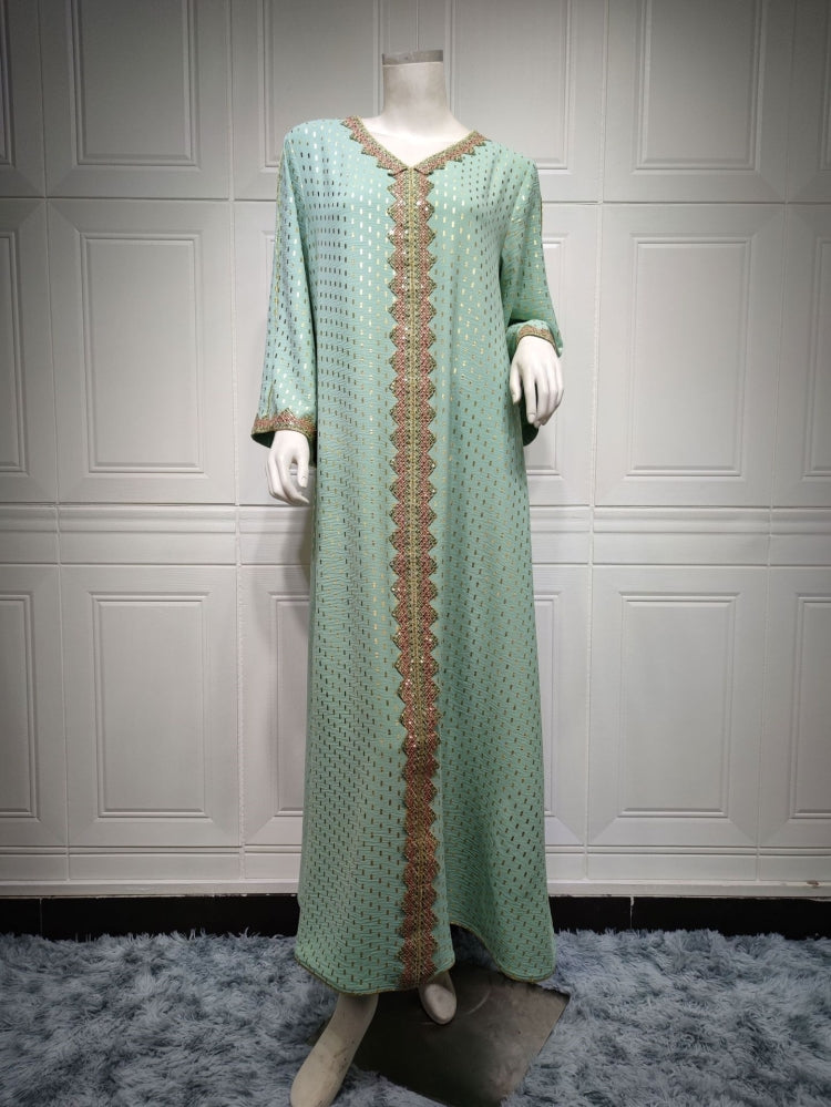 BamBam Women Spring Green Tape Print Embroidery Islamic Clothing Kaftan Abaya Muslim Dress - BamBam