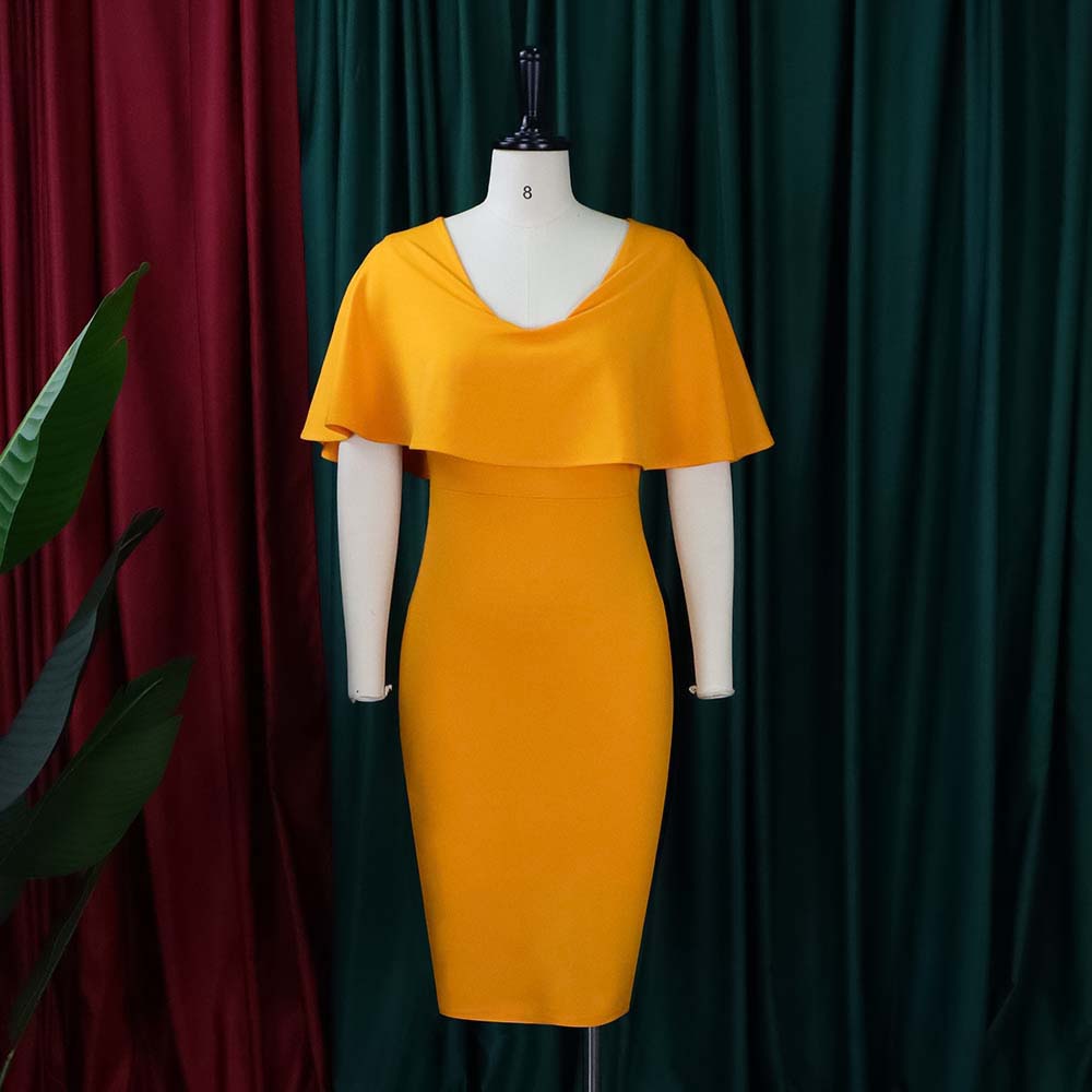 BamBam Women Summer Orange Formal V-neck Cape Sleeve Solid Midi Sheath Office Dress - BamBam