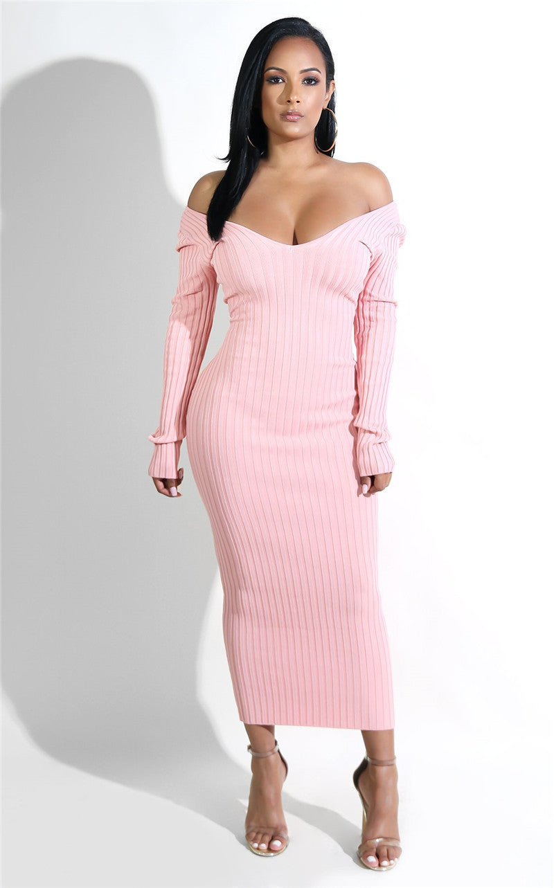 BamBam Women Sexy Off Shoulder V Neck Long Sleeve Dress - BamBam Clothing