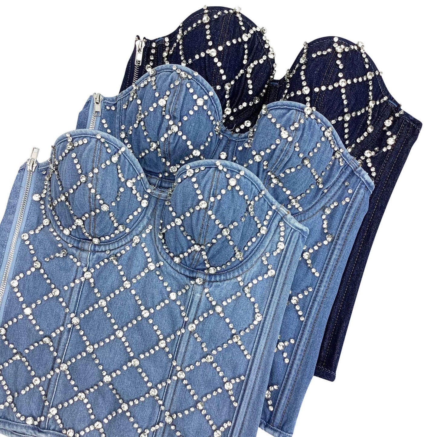 BamBam Women Diamond Beaded Denim Vintage Zip Vest Lace-up Shaping Corset Top - BamBam