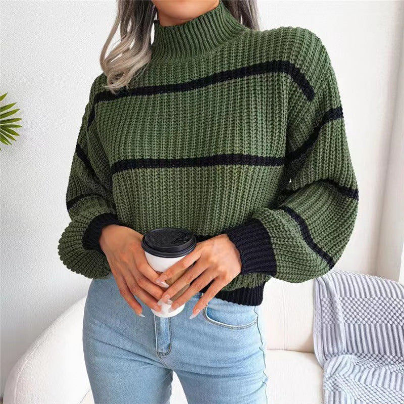 BamBam Autumn And Winter Casual Striped Lantern Sleeve Half Turtleneck Knitting Pullover Sweater For Women - BamBam