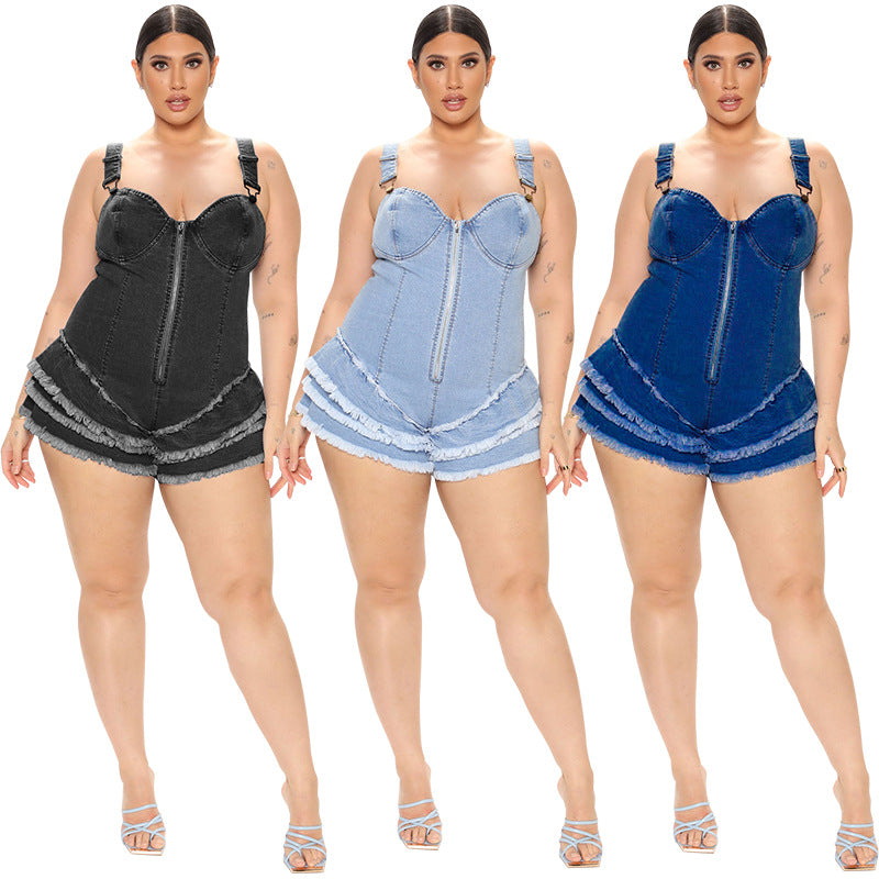 Plus Size Women's Fall Sexy Strapless Wash Denim Jumpsuit