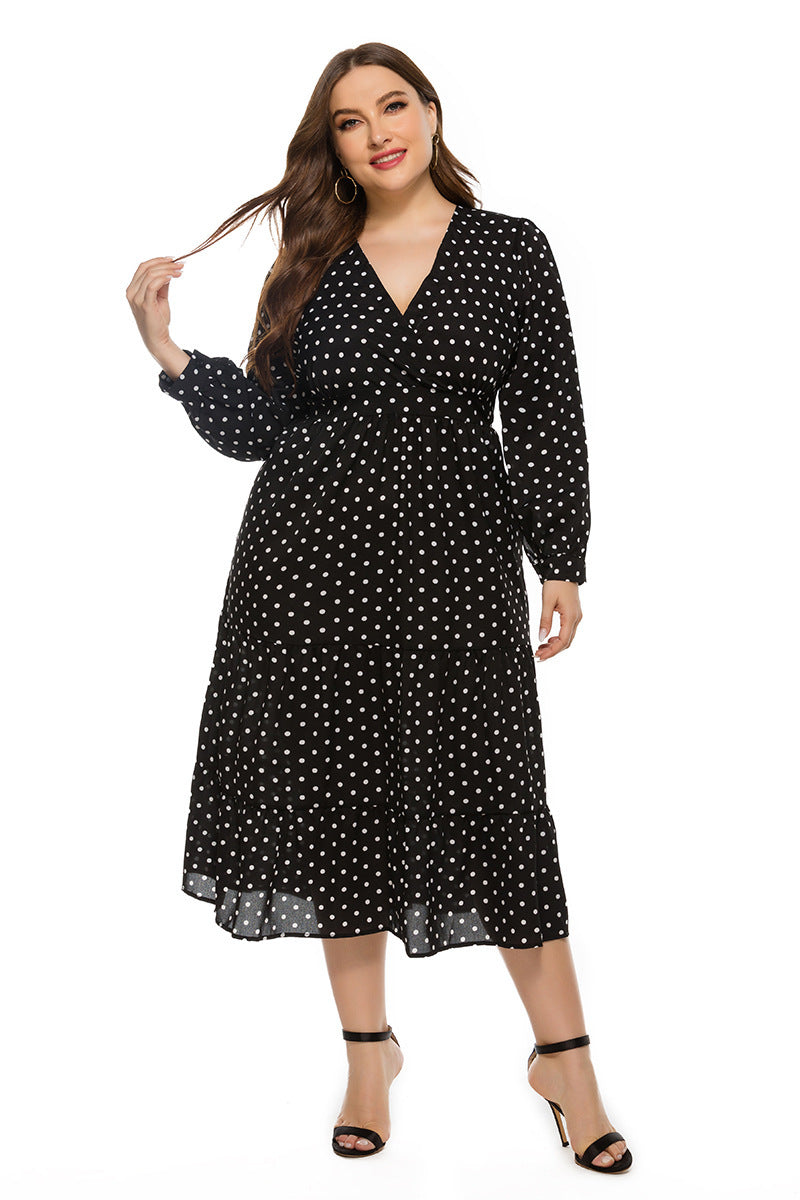 BamBam Autumn And Winter Women's Polka Dot Long Sleeve Plus Size Long Dress - BamBam