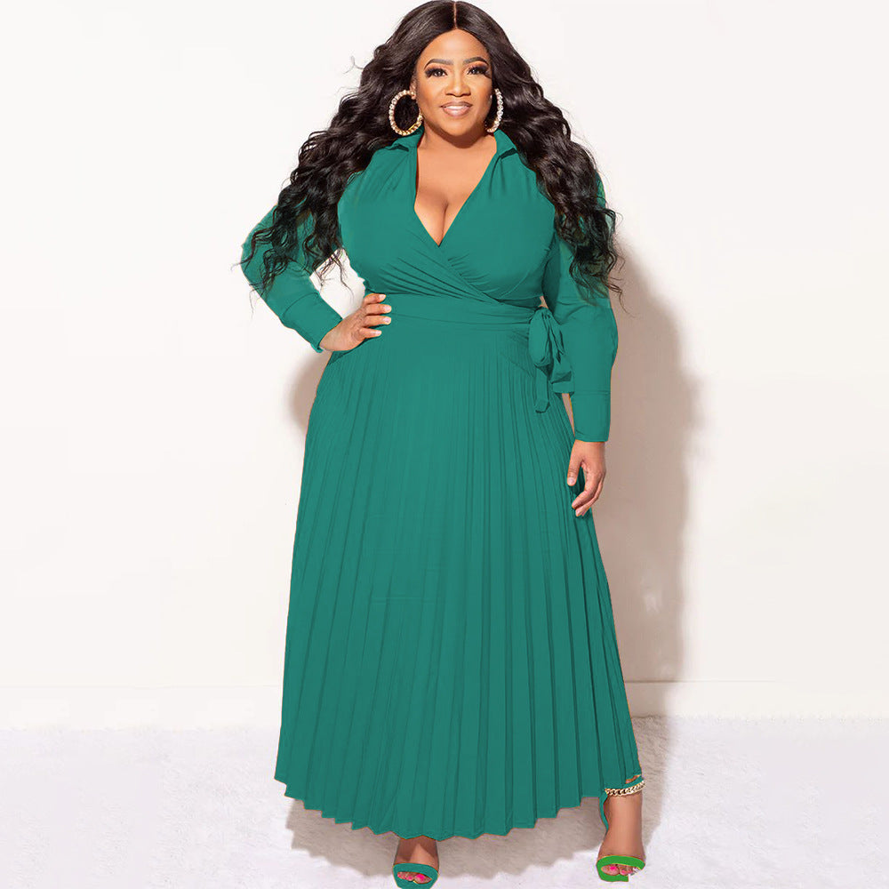 BamBam Plus Size Women V-Neck Tie Long Sleeve Pleated Skirt - BamBam