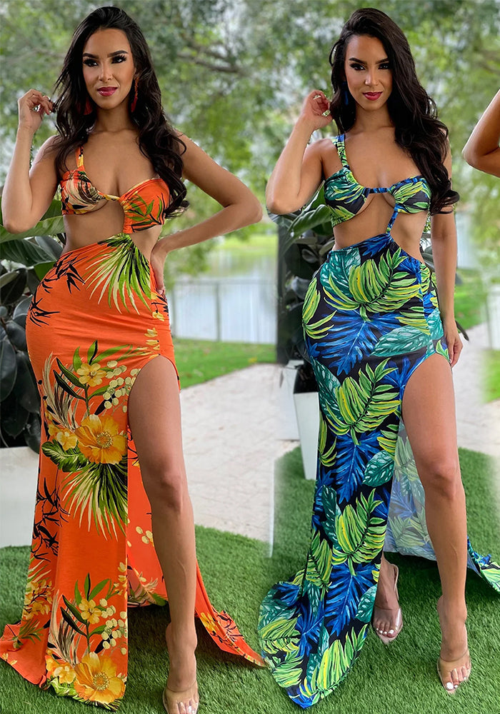 Women's Printed Sexy Slit Strap Dress