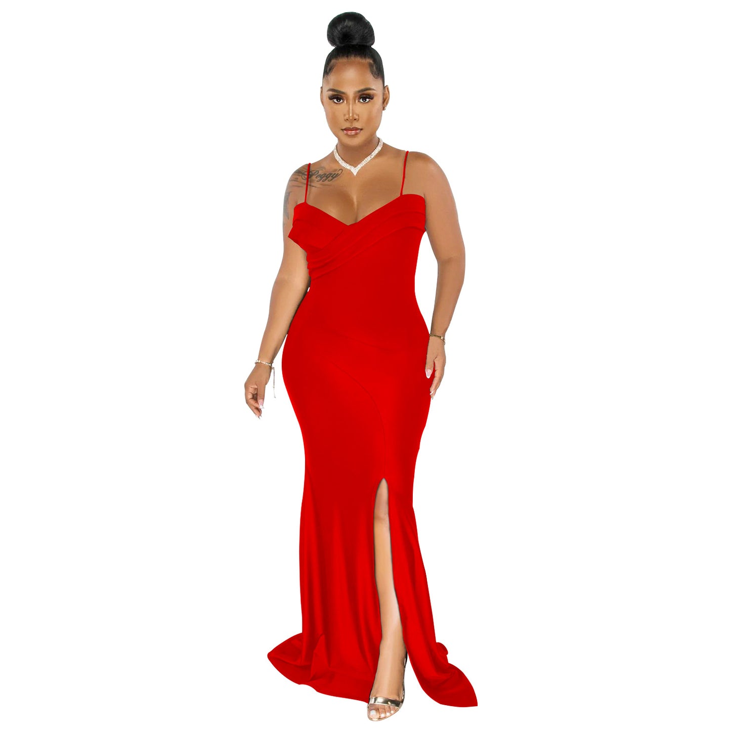BamBam Fashion Women'S Solid Color Strap Pleated Wrap Chest Slit Evening Dress - BamBam Clothing
