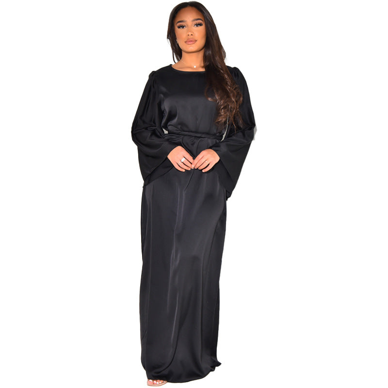 BamBam Women's Autumn And Winter Dress Round Neck Long Sleeve Loose Strappy Satin Maxi Dress - BamBam