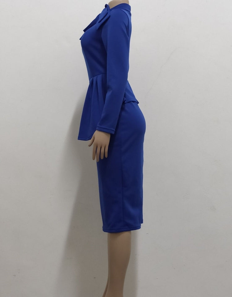 BamBam Women Spring Blue Formal Bow Long Sleeve Solid Knee-Length Office Dress - BamBam