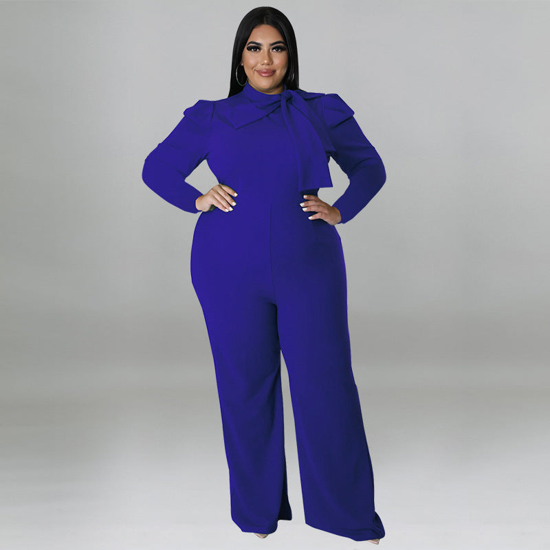 BamBam Plus Size Women Solid Color Bow Long Sleeve Jumpsuit - BamBam Clothing