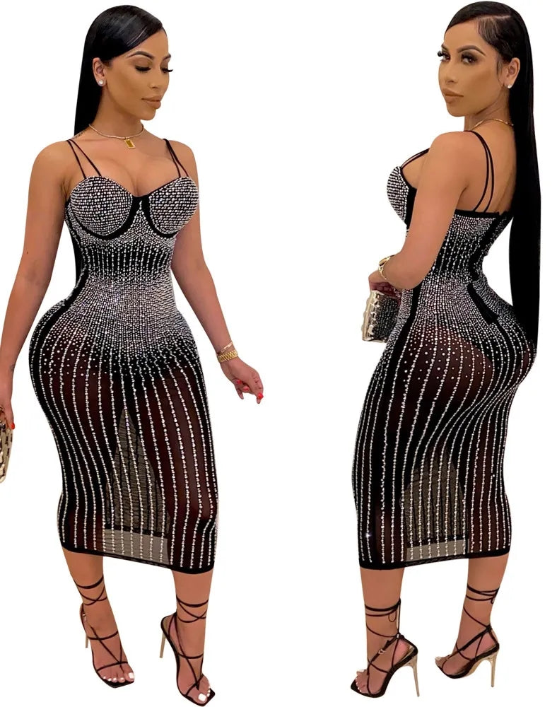 Summer Party Sexy Beaded Push Up Strap Midi Dress