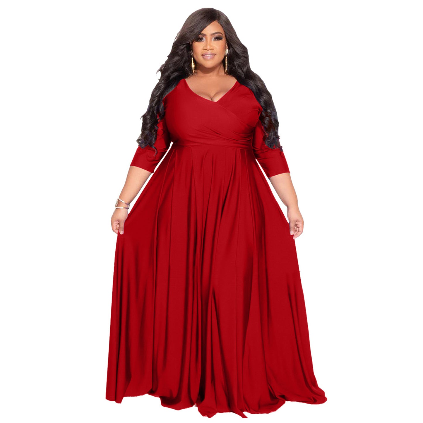 BamBam Plus Size Women's Solid Color V-Neck Sexy Long Dress - BamBam