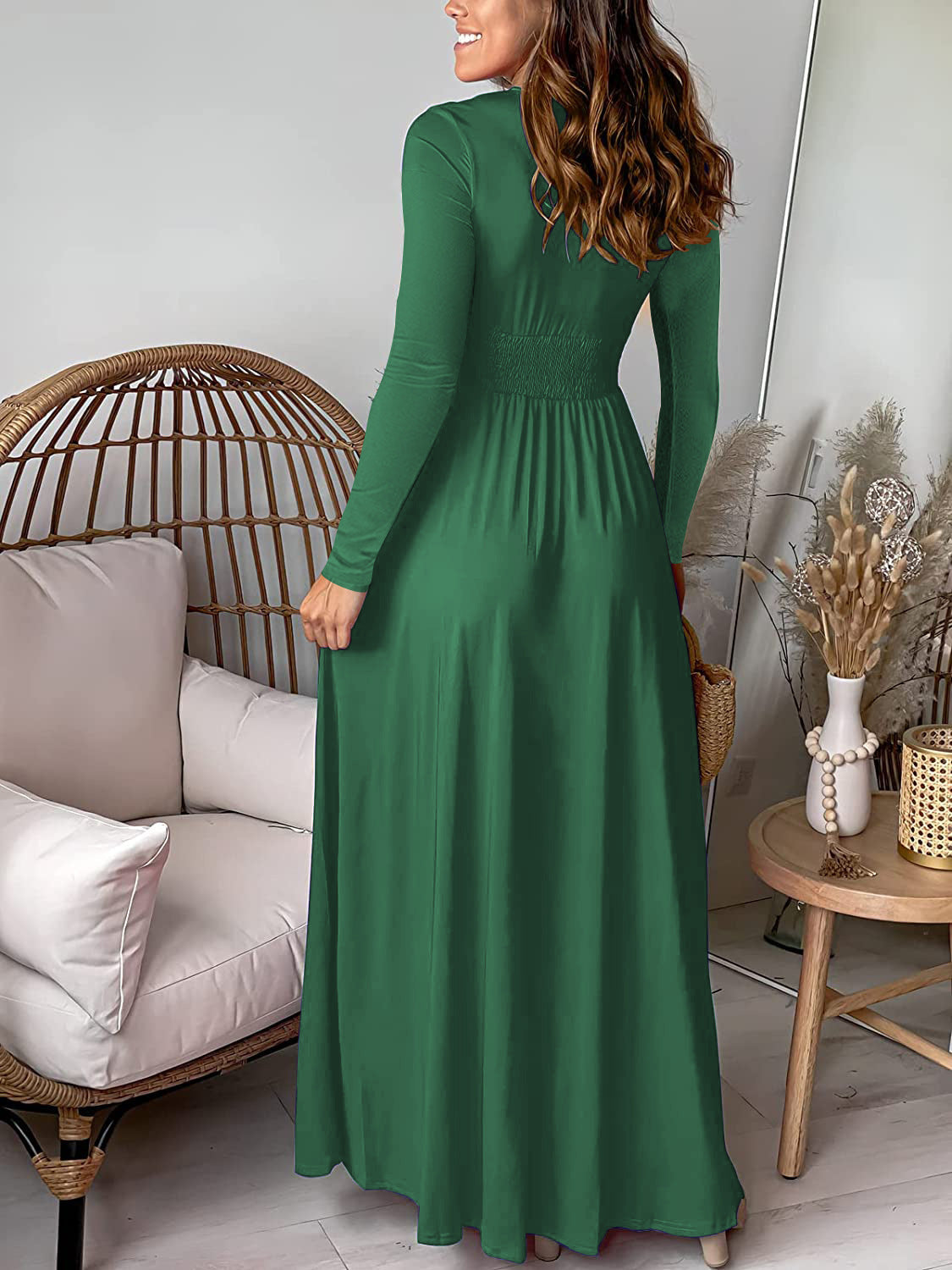 BamBam Deep V-Neck Long-Sleeved Pleated High Waist Slit Club Party Evening Dress Solid Color Dress - BamBam