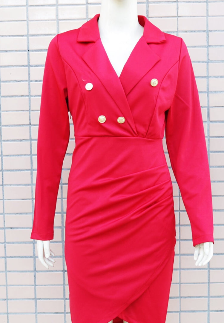 BamBam Spring Red V-Neck Long Sleeve Wrap Office Dress - BamBam