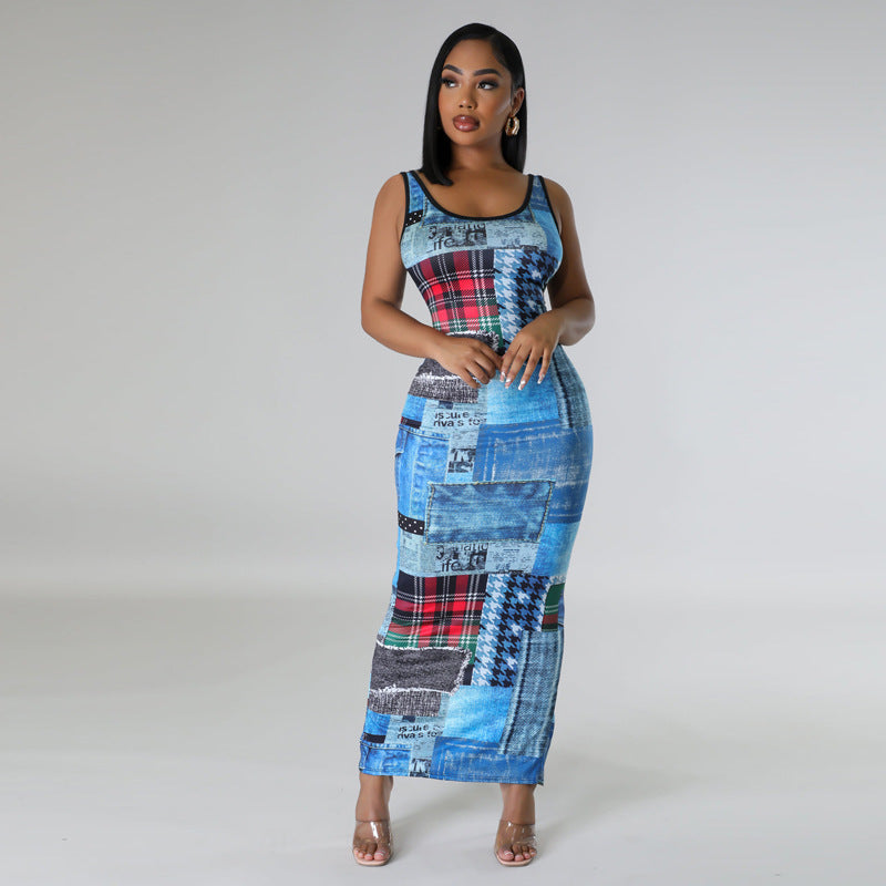 BamBam Casual Fashion Print Street Low Back Women's Long Dress - BamBam Clothing